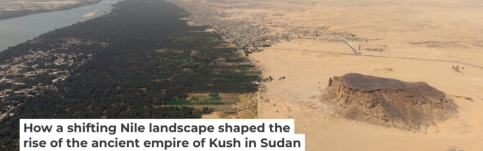 Jebel Barkal mesa and the archaeological site at its base in the Nile Valley. Sami Elamin
